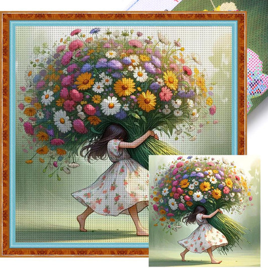 Daisy Girl - Full 11CT Stamped Cross Stitch 50x50CM - Huacan