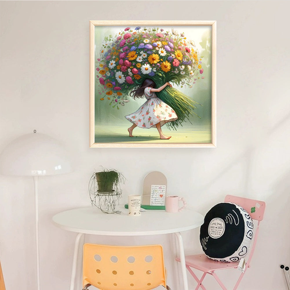 Daisy Girl - Full 11CT Stamped Cross Stitch 50x50CM - Huacan