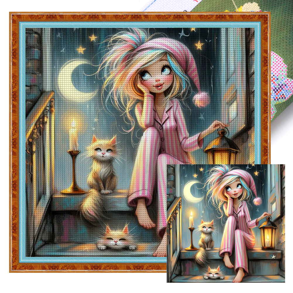Yishu - Girl In Pajamas - 50*50CM 11CT 3 Stamped Cross Stitch