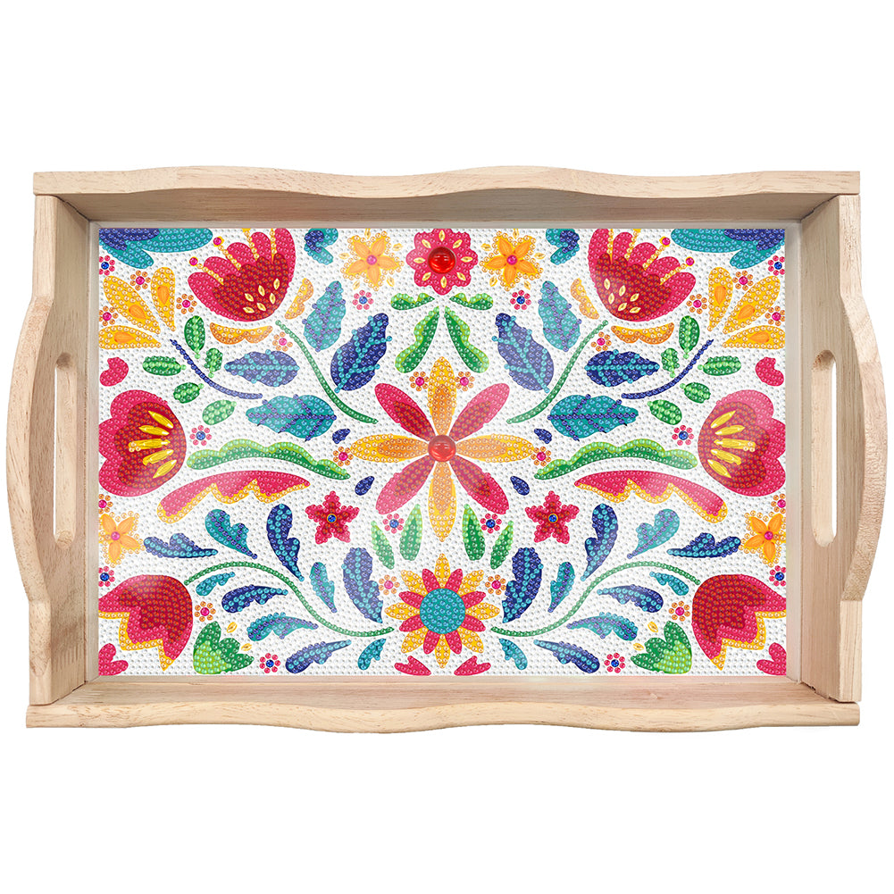 Wooden Cartoon Flower Diamond Decorative Serving Tray with Handle for Home Decor