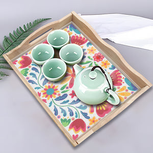 Wooden Cartoon Flower Diamond Decorative Serving Tray with Handle for Home Decor