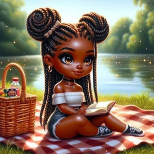 Girl With Pigtails Reading 30*30CM(Canvas) Full Round Drill Diamond Painting