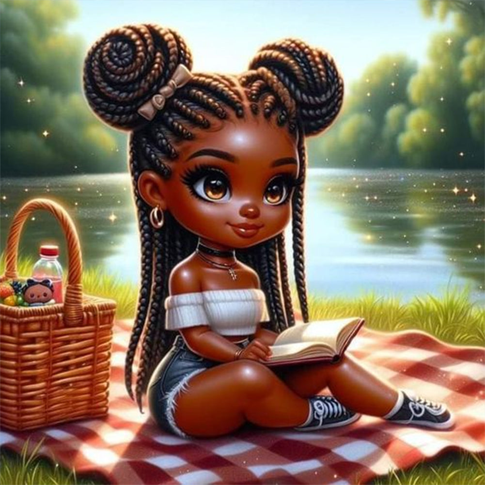 Girl With Pigtails Reading 30*30CM(Canvas) Full Round Drill Diamond Painting