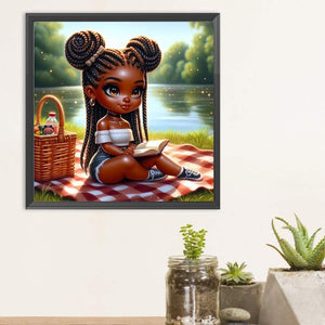 Girl With Pigtails Reading 30*30CM(Canvas) Full Round Drill Diamond Painting