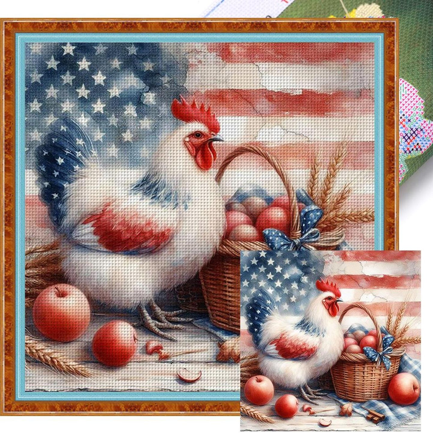 American Flag And Hen - Full 11CT Stamped Cross Stitch 40x40CM - Yishu