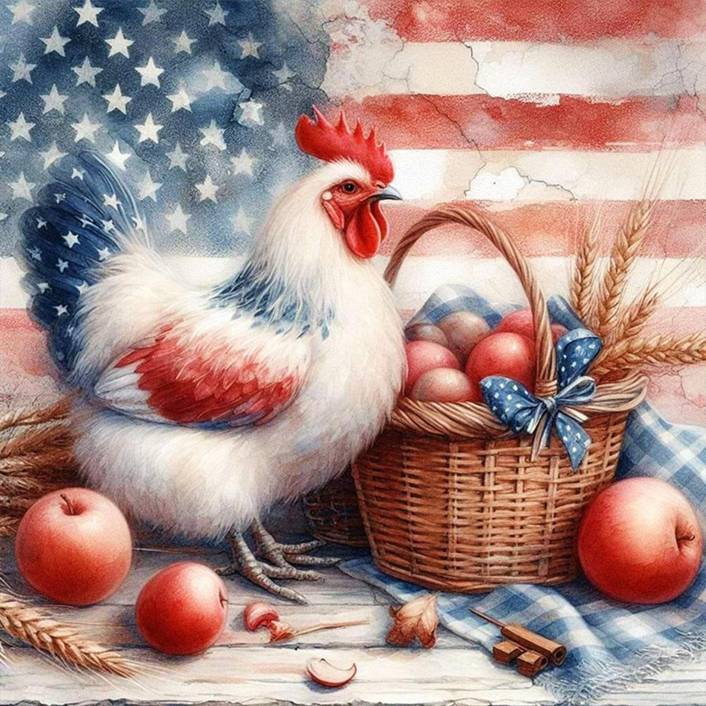 American Flag And Hen - Full 11CT Stamped Cross Stitch 40x40CM - Yishu