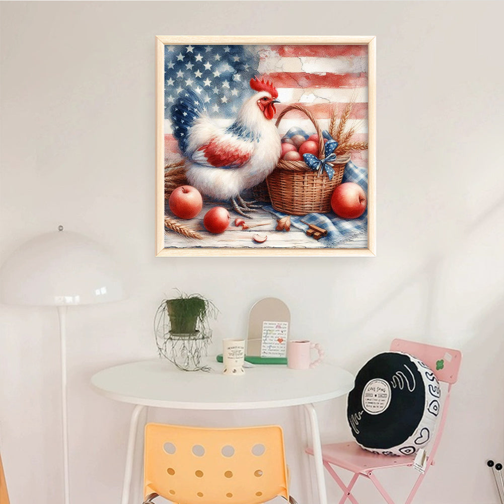 American Flag And Hen - Full 11CT Stamped Cross Stitch 40x40CM - Yishu