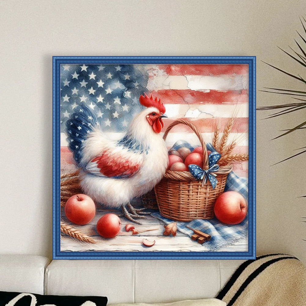 American Flag And Hen - Full 11CT Stamped Cross Stitch 40x40CM - Yishu