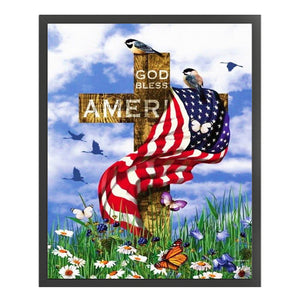 Yishu - American Flag And Cross With Flowers And Birds - 40*50CM 11CT 3 Stamped Cross Stitch