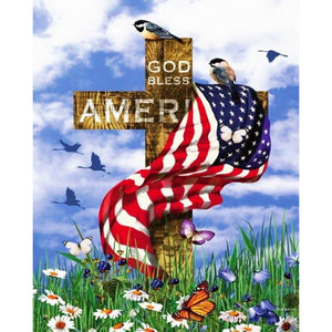 Yishu - American Flag And Cross With Flowers And Birds - 40*50CM 11CT 3 Stamped Cross Stitch