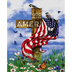 Yishu - American Flag And Cross With Flowers And Birds - 40*50CM 11CT 3 Stamped Cross Stitch
