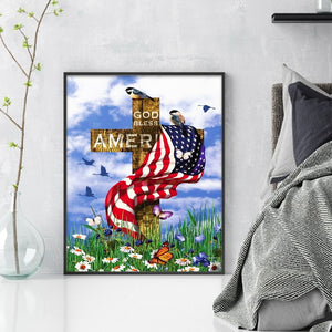 Yishu - American Flag And Cross With Flowers And Birds - 40*50CM 11CT 3 Stamped Cross Stitch
