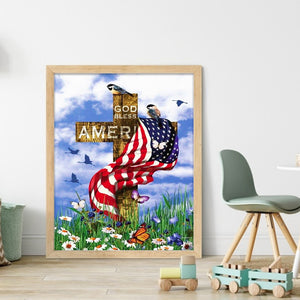 Yishu - American Flag And Cross With Flowers And Birds - 40*50CM 11CT 3 Stamped Cross Stitch