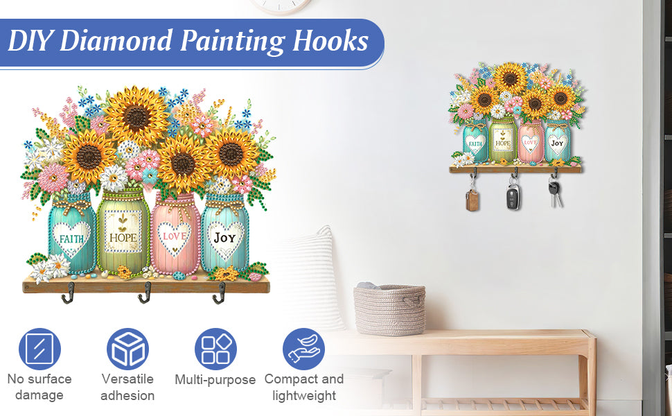 Sunflower Theme Wood DIY Diamond Painting Hooks Home Decoration Craft Kit