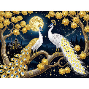 Golden-Feathered White Peacock Under The Moon 40*30CM(Canvas) Partial Special Shaped Drill Diamond Painting