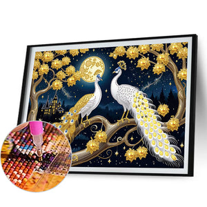 Golden-Feathered White Peacock Under The Moon 40*30CM(Canvas) Partial Special Shaped Drill Diamond Painting