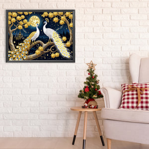 Golden-Feathered White Peacock Under The Moon 40*30CM(Canvas) Partial Special Shaped Drill Diamond Painting