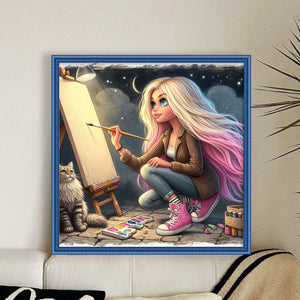 Yishu - Drawing Girl - 50*50CM 11CT 3 Stamped Cross Stitch