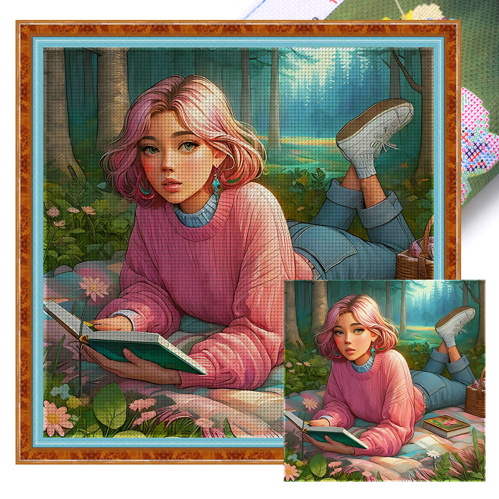 Yishu - Reading Girl - 50*50CM 11CT 3 Stamped Cross Stitch
