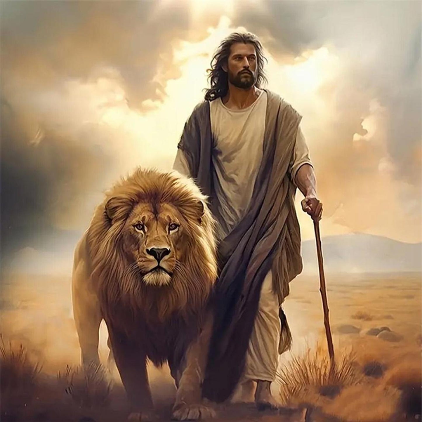 Man And Lion - Full 11CT Stamped Cross Stitch 40x40CM - Yishu