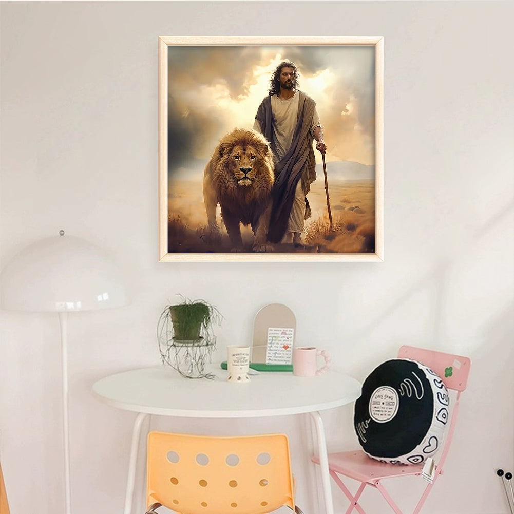 Man And Lion - Full 11CT Stamped Cross Stitch 40x40CM - Yishu