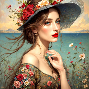 Girl With Red Lips And Flower Hat 40*40CM(Canvas) Full Round Drill Diamond Painting