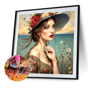 Girl With Red Lips And Flower Hat 40*40CM(Canvas) Full Round Drill Diamond Painting