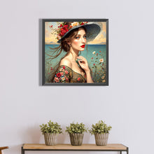 Load image into Gallery viewer, Girl With Red Lips And Flower Hat 40*40CM(Canvas) Full Round Drill Diamond Painting
