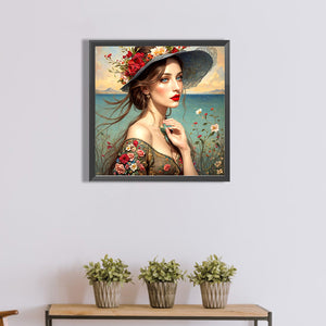 Girl With Red Lips And Flower Hat 40*40CM(Canvas) Full Round Drill Diamond Painting