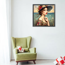 Load image into Gallery viewer, Girl With Red Lips And Flower Hat 40*40CM(Canvas) Full Round Drill Diamond Painting
