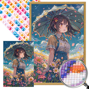Girl With Umbrella In A Flower Field 40*60CM(Picture) Full Round Drill Diamond Painting