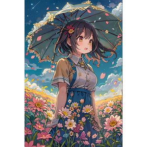 Girl With Umbrella In A Flower Field 40*60CM(Picture) Full Round Drill Diamond Painting