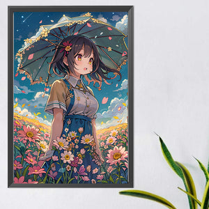 Girl With Umbrella In A Flower Field 40*60CM(Picture) Full Round Drill Diamond Painting