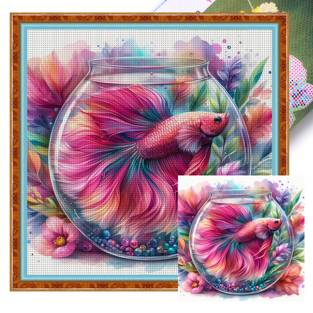 Yishu - Goldfish In A Tank - 50*50CM 11CT 3 Stamped Cross Stitch