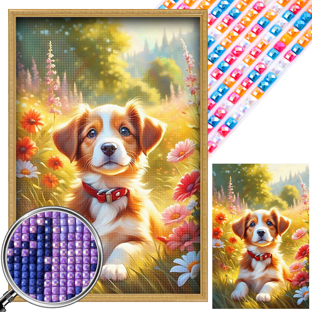 Puppy In A Field Of Flowers 40*60CM(Picture) Partial AB Full Square Drill Diamond Painting