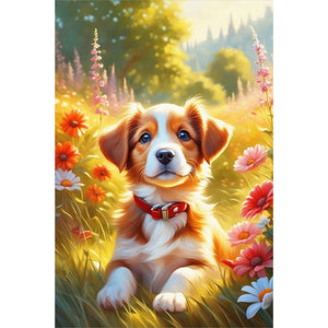 Puppy In A Field Of Flowers 40*60CM(Picture) Partial AB Full Square Drill Diamond Painting