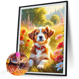 Puppy In A Field Of Flowers 40*60CM(Picture) Partial AB Full Square Drill Diamond Painting