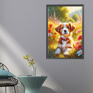Puppy In A Field Of Flowers 40*60CM(Picture) Partial AB Full Square Drill Diamond Painting