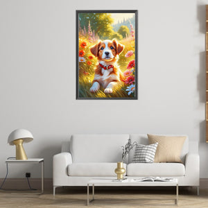 Puppy In A Field Of Flowers 40*60CM(Picture) Partial AB Full Square Drill Diamond Painting