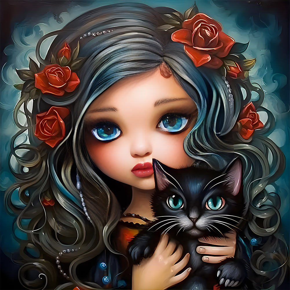 Girl With Black Cat 40*40CM(Canvas) Full Round Drill Diamond Painting