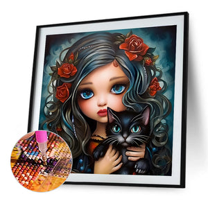 Girl With Black Cat 40*40CM(Canvas) Full Round Drill Diamond Painting