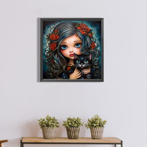 Girl With Black Cat 40*40CM(Canvas) Full Round Drill Diamond Painting