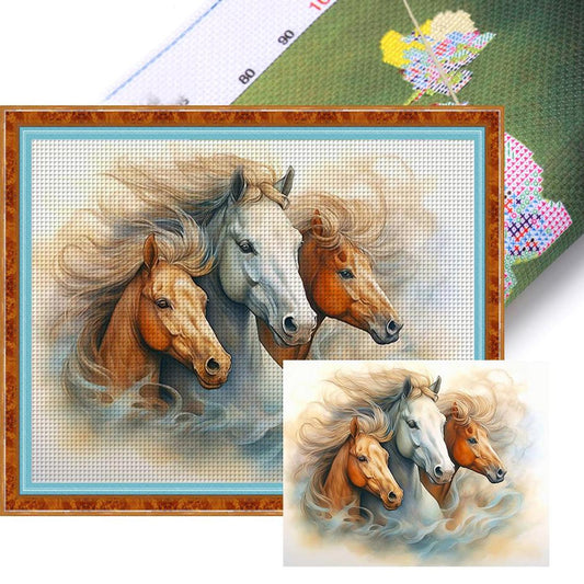 Three Horses - Full 11CT Stamped Cross Stitch 50x40CM - Yishu