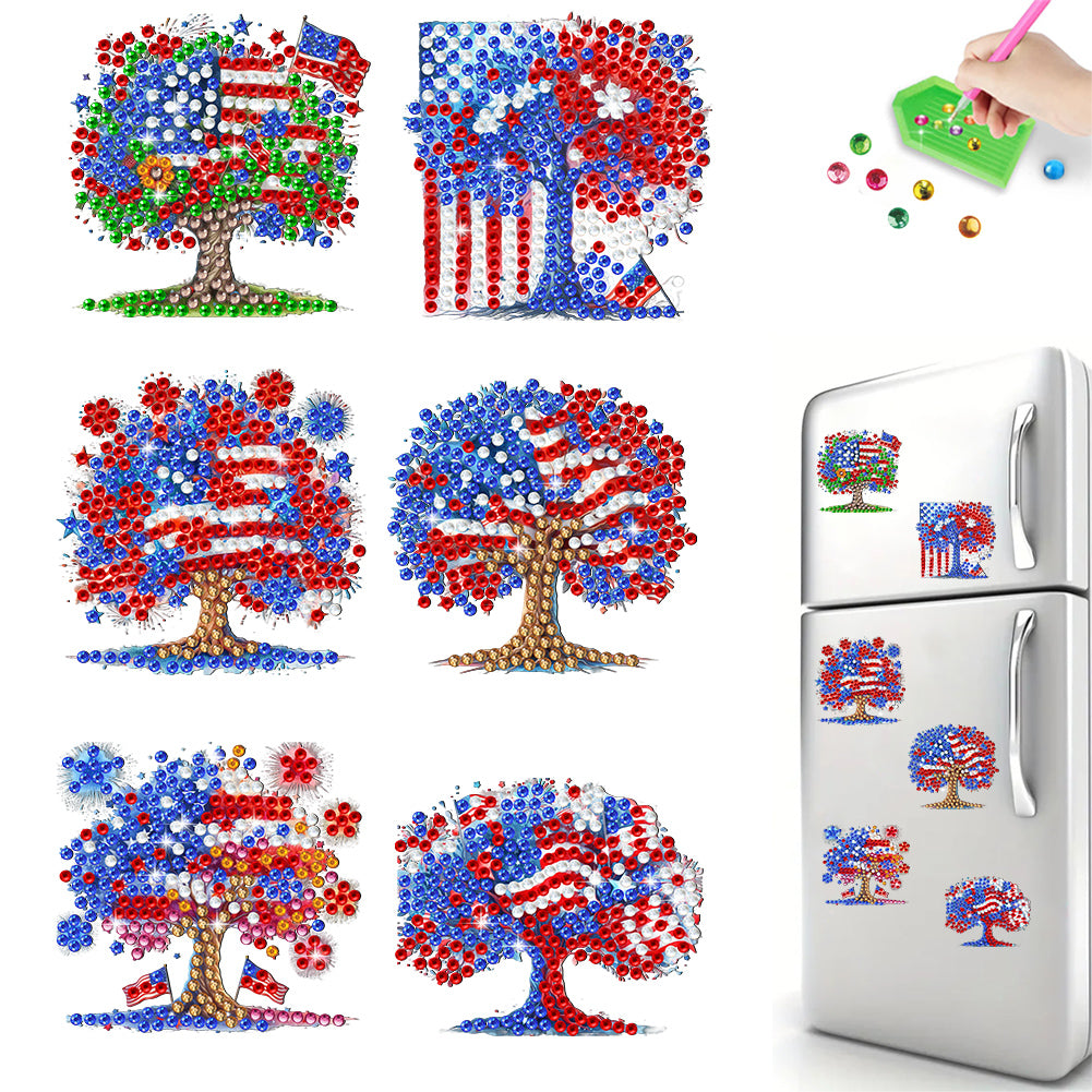 6Pcs Independence Day Flag Tree Diamond Painting Fridge Magnet for Home Decor