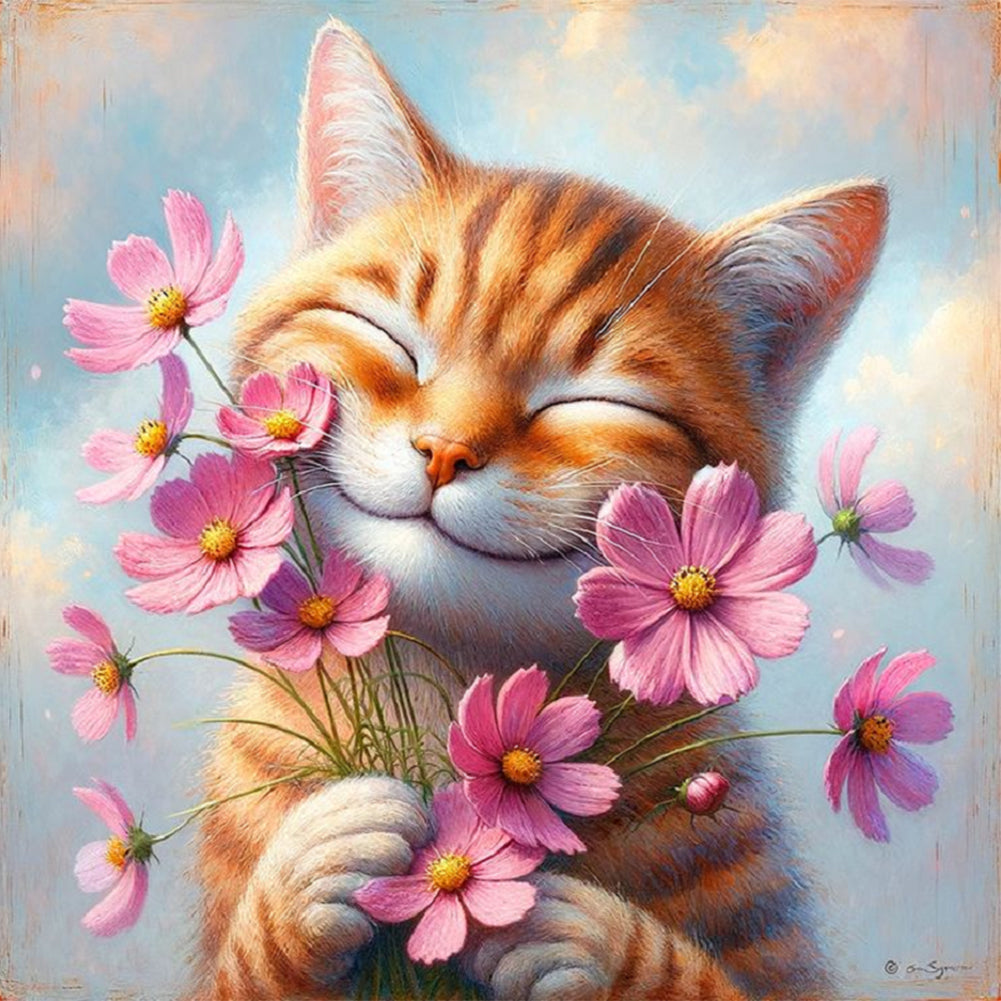 Kitten With Flowers 40*40CM(Canvas) Full Round Drill Diamond Painting