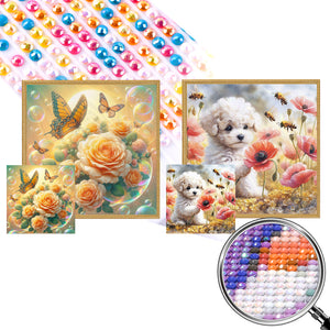 2PCS Champagne, Rose, And Butterfly Poppy Poodle 40*40CM(Picture) Full Round Drill Diamond Painting