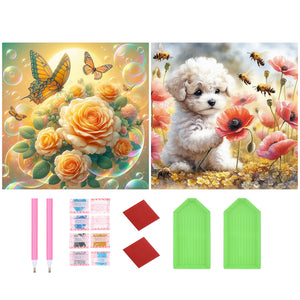 2PCS Champagne, Rose, And Butterfly Poppy Poodle 40*40CM(Picture) Full Round Drill Diamond Painting