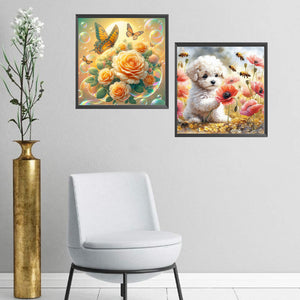 2PCS Champagne, Rose, And Butterfly Poppy Poodle 40*40CM(Picture) Full Round Drill Diamond Painting