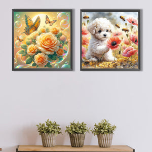 2PCS Champagne, Rose, And Butterfly Poppy Poodle 40*40CM(Picture) Full Round Drill Diamond Painting