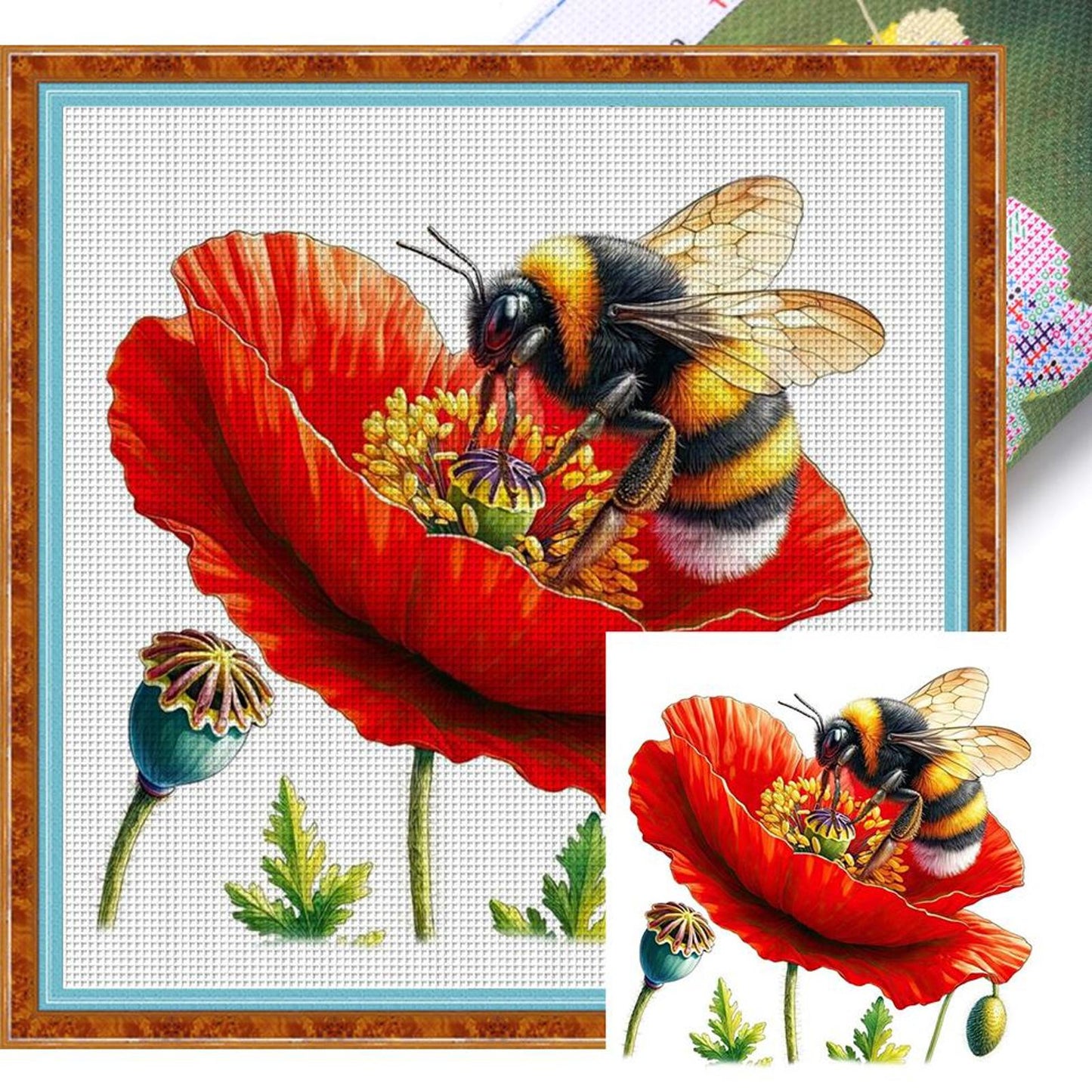 Bees And Poppies - Full 18CT Stamped Cross Stitch 25x25CM - Huacan